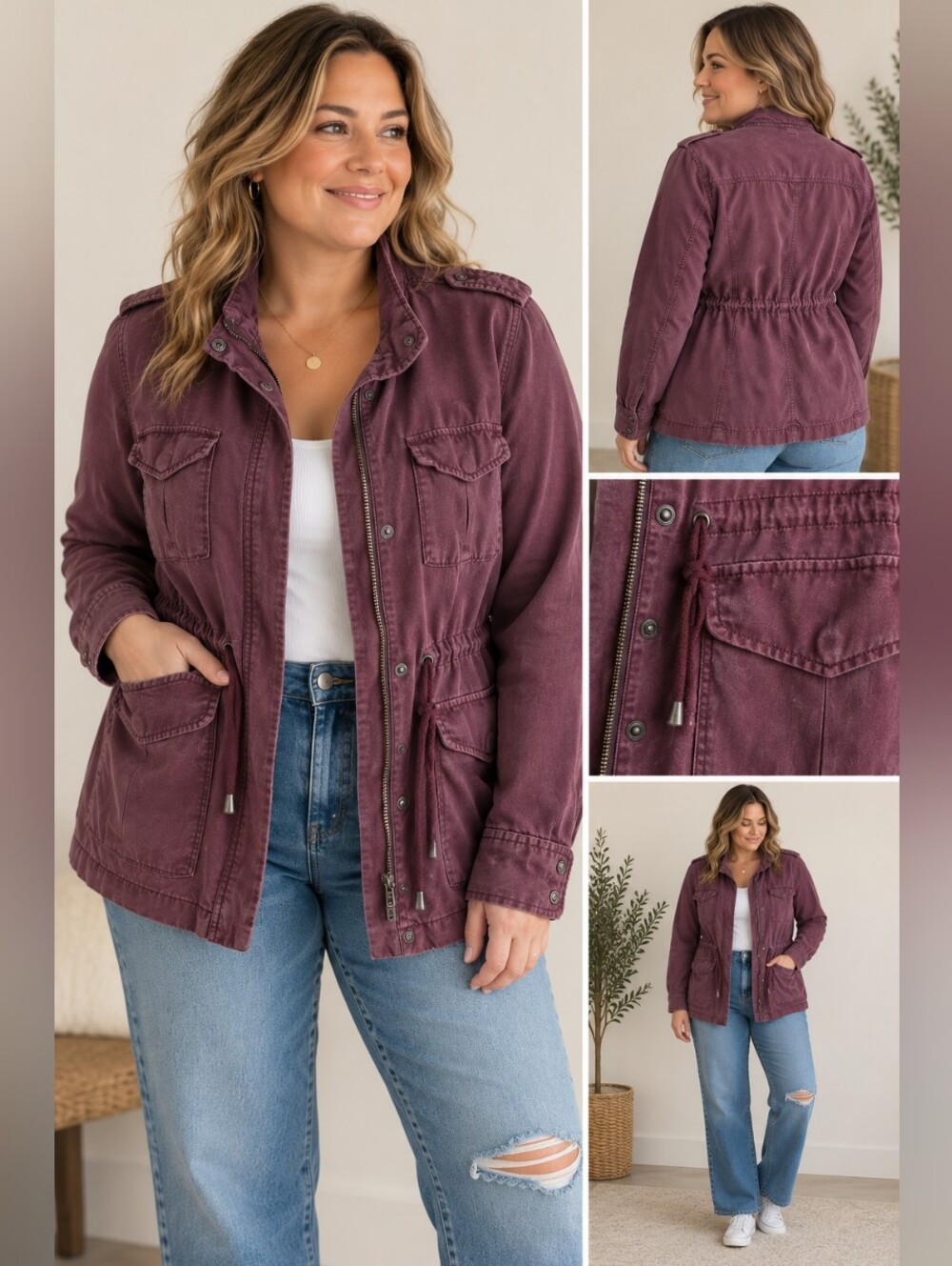 Altar’d State women's dark purple long cargo bomber utility jacket, LARGE